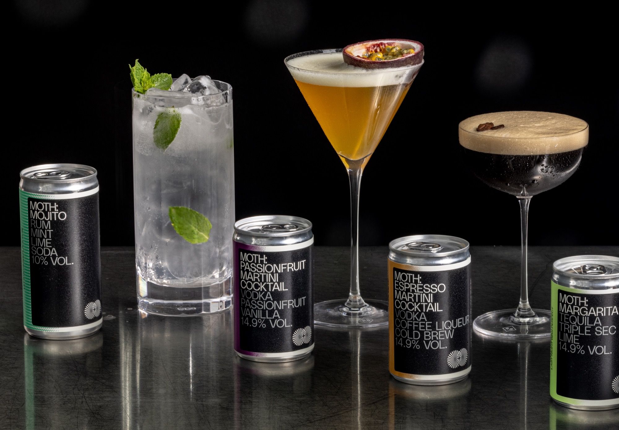 MOTH canned cocktails lined up ready for the party